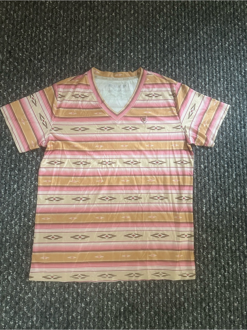 Ariat women’s Striped V-Neck Shirt in Tan and Pink